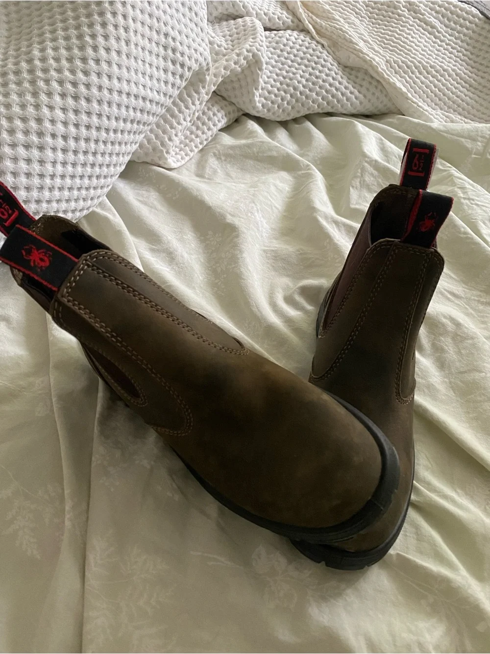 Men's Brown Slip-On Chelsea Work Boots with Red Pull Tabs